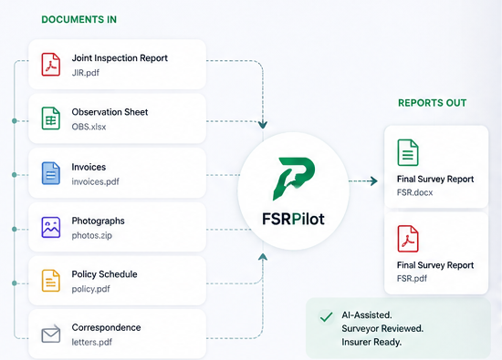 FSRPilot in action: JIRs, observation sheets, invoices, photographs, policy schedules and correspondence flow into FSRPilot and out as Final Survey Reports in DOCX and PDF